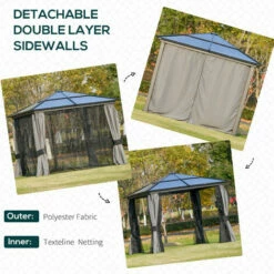 Outsunny 3x3(m) Aluminium Hardtop Gazebo Canopy W/ Polycarbonate Top, Curtains -Outsunny store 29648596 4