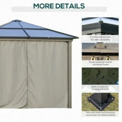 Outsunny 3x3(m) Aluminium Hardtop Gazebo Canopy W/ Polycarbonate Top, Curtains -Outsunny store 29648596 5
