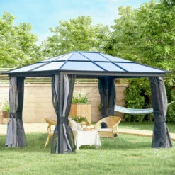 Outsunny 3.6x3(m) Aluminium Hardtop Gazebo Canopy W/ Polycarbonate Top, Curtains -Outsunny store 29648605 3
