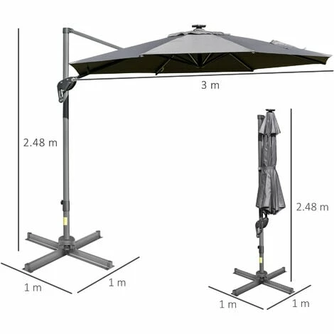 Outsunny 3m Solar LED Cantilever Parasol Adjustable Garden Umbrella Light Grey Outsunny 3m Solar LED Cantilever Parasol Adjustable Garden Umbrella Light Grey -Outsunny store 29648624 2