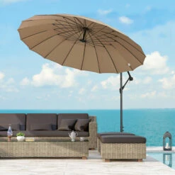 Outsunny 3(m) Cantilever Shanghai Parasol W/ Crank Handle, Cross Base, Khaki -Outsunny store 29679802 3
