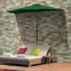 Outsunny 3(m) Half Round Parasol Garden Sun Umbrella Metal W/ Crank Green -Outsunny store 29749882 3