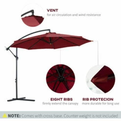 Outsunny 3m Garden Banana Parasol Cantilever Umbrella W/Crank& Base, Wine Red -Outsunny store 29750033 5
