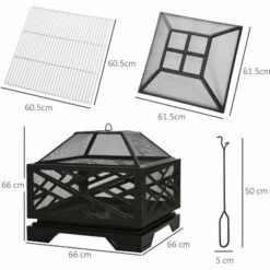 Outsunny 66cm Square Fire Pit Patio Metal Brazier W/ Grill Net Mesh Cover Poker -Outsunny store 29826850 2