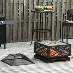 Outsunny 66cm Square Fire Pit Patio Metal Brazier W/ Grill Net Mesh Cover Poker -Outsunny store 29826850 3