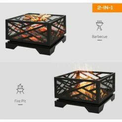 Outsunny 66cm Square Fire Pit Patio Metal Brazier W/ Grill Net Mesh Cover Poker -Outsunny store 29826850 4