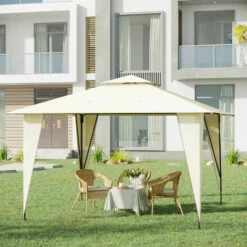 Outsunny 3.5x3.5m Side-Less Outdoor Canopy Gazebo 2-Tier Roof Steel Frame Beige -Outsunny store 29946462 3