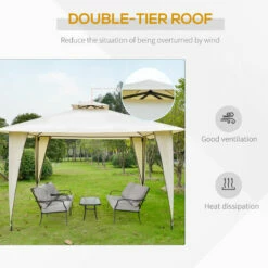 Outsunny 3.5x3.5m Side-Less Outdoor Canopy Gazebo 2-Tier Roof Steel Frame Beige -Outsunny store 29946462 4