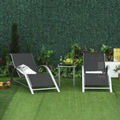 Outsunny 3 Pieces Lounge Chair Set Garden Sunbathing Chair W/ Table Black -Outsunny store 30154665 3