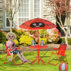Outsunny Kids Folding Picnic Table Chair Set Ladybug Pattern Outdoor W/ Parasol -Outsunny store 30321527 3