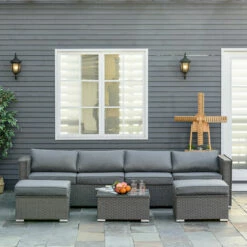 Outsunny 5PC PE Rattan Corner Sofa Set Outdoor Conservatory Furniture W/ Cushion -Outsunny store 30349698 3