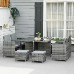 Outsunny Rattan Dining Set Garden Furniture Cube Table Chair Stool Cushion Seat -Outsunny store 30349699 3