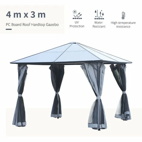 Outsunny 4 x 3(m) Polycarbonate Hardtop Gazebo with Aluminium Frame and Curtains Outsunny 4 X 3(m) Polycarbonate Hardtop Gazebo With Aluminium Frame And Curtains -Outsunny store 30357819 4