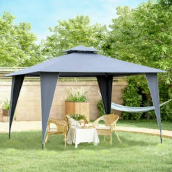 Outsunny 3.45x3.45m Side-Less Outdoor Canopy Gazebo 2-Tier Roof Steel Frame Grey -Outsunny store 30441847 3