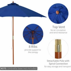 Outsunny 2.5m Wooden Garden Parasol Outdoor Umbrella Canopy W/ Vent Blue -Outsunny store 30441861 5