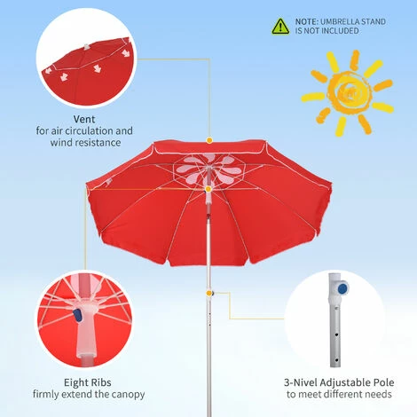 Outsunny 1.96m Arced Beach Umbrella 3-Angle Canopy W/ Aluminium Frame Bag Red 7 Outsunny 1.96m Arced Beach Umbrella 3-Angle Canopy W/ Aluminium Frame Bag Red - Image 5