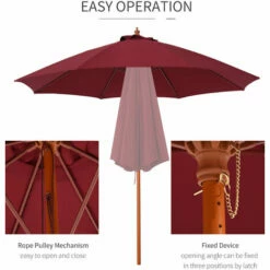 Outsunny 2.5m Wooden Garden Parasol Outdoor Umbrella Canopy W/ Vent Red -Outsunny store 30670640 4