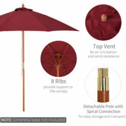 Outsunny 2.5m Wooden Garden Parasol Outdoor Umbrella Canopy W/ Vent Red -Outsunny store 30670640 5