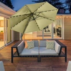 Outsunny 3(m) Cantilever Parasol Patio Sun Umbrella W/ Base Solar Lights Beige 4 Outsunny 3(m) Cantilever Parasol Patio Sun Umbrella W/ Base Solar Lights Beige -Outsunny store 30670646 3