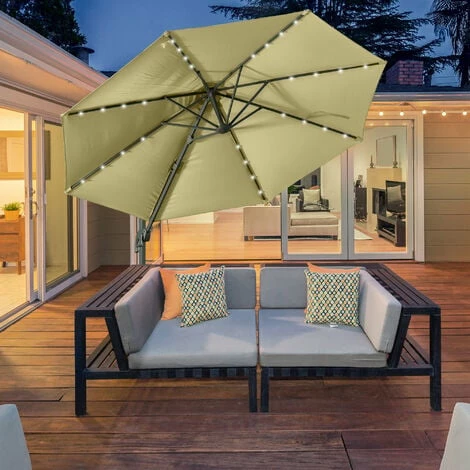 Outsunny 3(m) Cantilever Parasol Patio Sun Umbrella w/ Base Solar Lights Beige Outsunny 3(m) Cantilever Parasol Patio Sun Umbrella W/ Base Solar Lights Beige -Outsunny store 30670646 3
