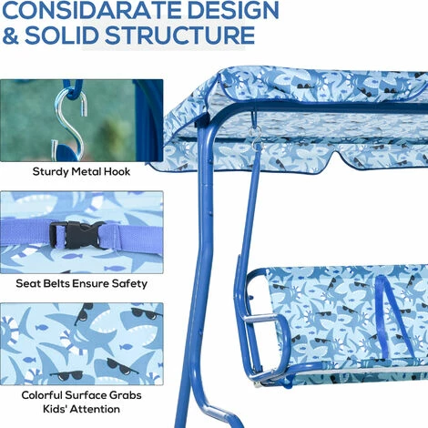 Outsunny Kids Two-Seater Swing Chair Garden Seat w/ Belt Adjustable Canopy Blue Outsunny Kids Two-Seater Swing Chair Garden Seat W/ Belt Adjustable Canopy Blue -Outsunny store 30951672 5