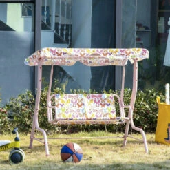 Outsunny Kids Two-Seater Swing Chair Garden Seat W/ Belt Adjustable Canopy Pink -Outsunny store 30951673 3