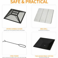 Outsunny 86cm Square Garden Fire Pit Square Table W/ Poker Mesh Cover Log Grate -Outsunny store 31665716 5
