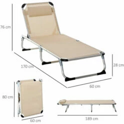 Outsunny Folding Outdoor Reclining Sun Lounger Chair Aluminium Frame Khaki -Outsunny store 31665771 2