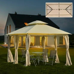 Outsunny 4 X 3(m) Outdoor Gazebo Canopy Garden Pavilion W/ LED Solar Light Khaki -Outsunny store 31665842 3