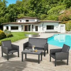 Outsunny 4 Pcs Aluminium Rattan Blend Outdoor Seating Set W/ Sofa Chairs Table 4 Outsunny 4 Pcs Aluminium Rattan Blend Outdoor Seating Set W/ Sofa Chairs Table -Outsunny store 31665888 3