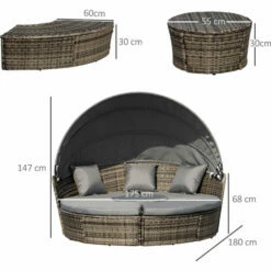 Outsunny 4 PCs Cushioned Outdoor Plastic Rattan Round Sofa Bed Table Set Grey -Outsunny store 31665908 2