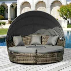 Outsunny 4 PCs Cushioned Outdoor Plastic Rattan Round Sofa Bed Table Set Grey -Outsunny store 31665908 3