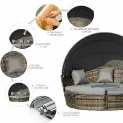 Outsunny 4 PCs Cushioned Outdoor Plastic Rattan Round Sofa Bed Table Set Grey -Outsunny store 31665908 5