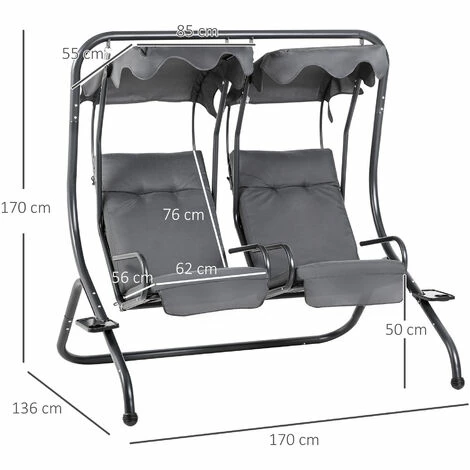 Outsunny Canopy Swing 2 Separate Relax Chairs w/ Handrails, Cup Holders Grey Outsunny Canopy Swing 2 Separate Relax Chairs W/ Handrails, Cup Holders Grey -Outsunny store 31846936 2