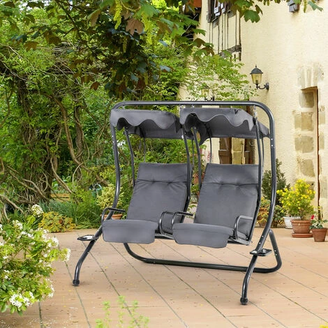 Outsunny Canopy Swing 2 Separate Relax Chairs w/ Handrails, Cup Holders Grey Outsunny Canopy Swing 2 Separate Relax Chairs W/ Handrails, Cup Holders Grey -Outsunny store 31846936 3