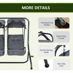 Outsunny Canopy Swing 2 Separate Relax Chairs W/ Handrails, Cup Holders Grey 6 Outsunny Canopy Swing 2 Separate Relax Chairs W/ Handrails, Cup Holders Grey -Outsunny store 31846936 5