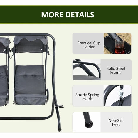 Outsunny Canopy Swing 2 Separate Relax Chairs w/ Handrails, Cup Holders Grey Outsunny Canopy Swing 2 Separate Relax Chairs W/ Handrails, Cup Holders Grey -Outsunny store 31846936 5