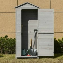 Outsunny Wooden Garden Cabinet 4-Tier Storage Shed W/ Hook Foot Pad Light Grey -Outsunny store 31998370 3