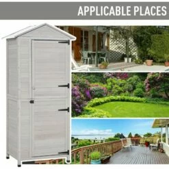 Outsunny Wooden Garden Cabinet 4-Tier Storage Shed W/ Hook Foot Pad Light Grey -Outsunny store 31998370 4
