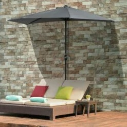 Outsunny 3(m) Half Round Parasol Garden Sun Umbrella Metal W/ Crank Grey -Outsunny store 3205783 3