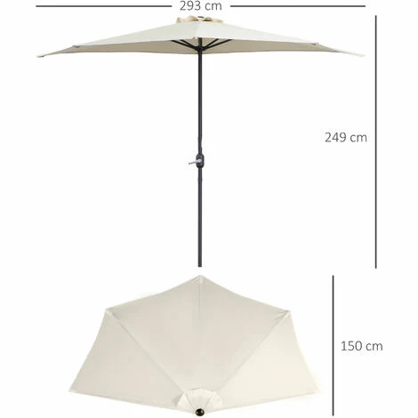 Outsunny 3(m) Half Round Parasol Garden Sun Umbrella Metal w/ Crank Cream White Outsunny 3(m) Half Round Parasol Garden Sun Umbrella Metal W/ Crank Cream White -Outsunny store 3205784 2