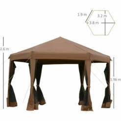 Outsunny 3.2m Pop Up Gazebo Hexagonal Canopy Tent Outdoor W/Sidewalls Brown -Outsunny store 32170472 2