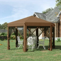 Outsunny 3.2m Pop Up Gazebo Hexagonal Canopy Tent Outdoor W/Sidewalls Brown -Outsunny store 32170472 3