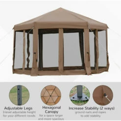 Outsunny 3.2m Pop Up Gazebo Hexagonal Canopy Tent Outdoor W/Sidewalls Brown -Outsunny store 32170472 5