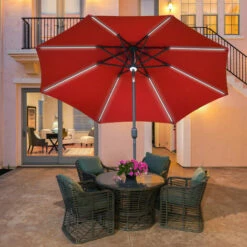 Outsunny 2.7m Garden Parasol Summer Shelter W/ LED Solar Light Crank Tilt Red -Outsunny store 32348050 3