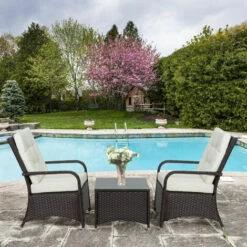 Outsunny Rattan 3PCs Chair Table Bistro Set Patio Set W/ Steel Frame White -Outsunny store 32388011 3