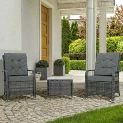 Outsunny Rattan 3PCs Chair Table Bistro Set Patio Set W/ Steel Frame Grey -Outsunny store 32388013 3