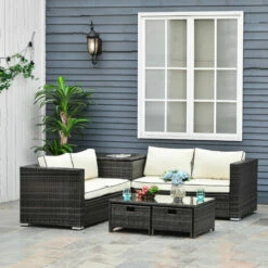 Outsunny 4Pcs Patio Rattan Sofa Garden Furniture Set Table W/ Cushions Brown -Outsunny store 32519453 3