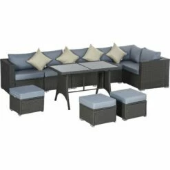 Outsunny 10 Pieces Rattan Sofa Set Table Stool Cushion Conservatory Wicker