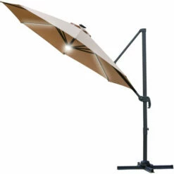 Outsunny 3(m) LED Cantilever Parasol Outdoor With Base Solar Lights Brown